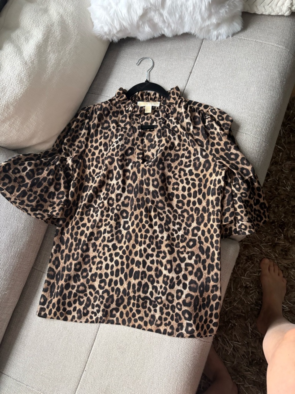 MICHAEL Michael Kors Leopard Print Ruffle Neck Blouse - Tan & Black